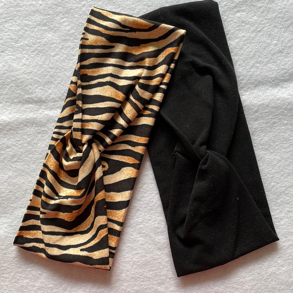 Front Twist Headband Set of Two Handmade Black and Animal Print